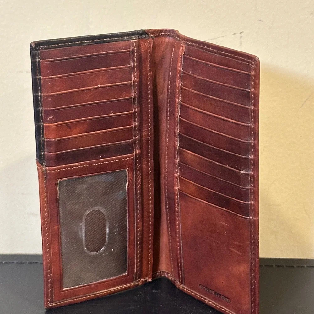 Leather Checkbook Wallet Brown 12 Gauge Shotgun Shell Brass Detail